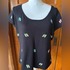 Black Embroidered Women's Short Sleeve Sweater with Flip Flop Design